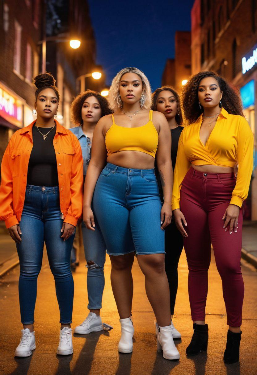 A powerful portrait of a diverse group of confident individuals posing boldly in front of a dynamic urban background. Each person showcases their unique style, celebrating body diversity and self-expression. The scene is lit with warm, inviting lights to emphasize positivity and empowerment, with artistic shimmers reflecting off their outfits. Capture the raw beauty and strength in their expressions to highlight body representation. super-realistic. vibrant colors. urban backdrop.